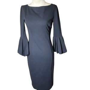 Eliza J Navy Classic 3/4 Bell Sleeve Midi Sheath Dress Size 2 Career Corpcore